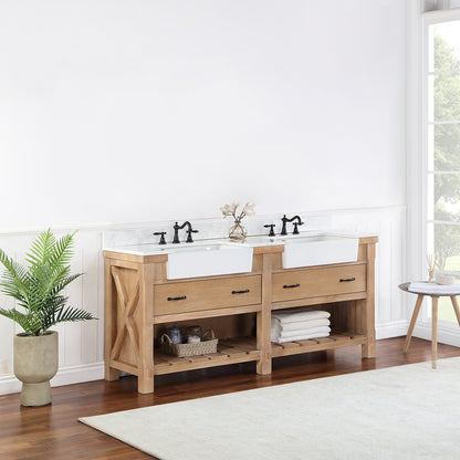 Villareal 72" Double Vanity in Weathered Pine with Composite Stone Top in White, White Farmhouse Basin