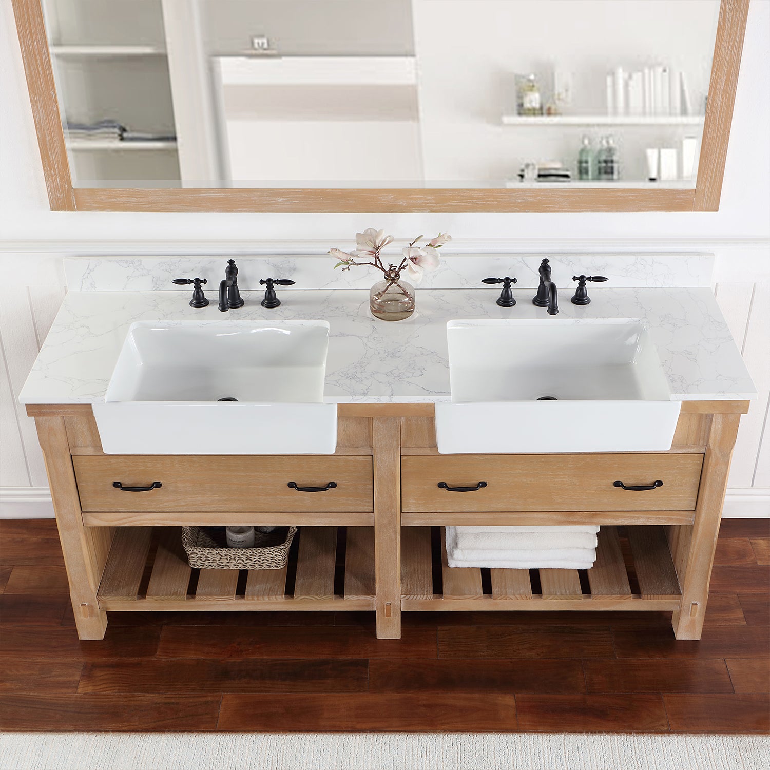 Villareal 72" Double Vanity in Weathered Pine with Composite Stone Top in White, White Farmhouse Basin