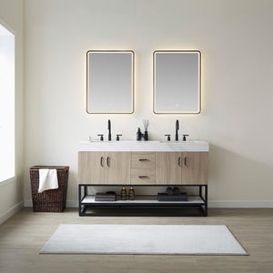 Open image in slideshow, Toledo 60&quot; Double Sink Bath Vanity in Light Walnut with White Sintered Stone Top
