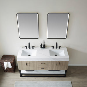 Toledo 60" Double Sink Bath Vanity in Light Walnut with White Sintered Stone Top