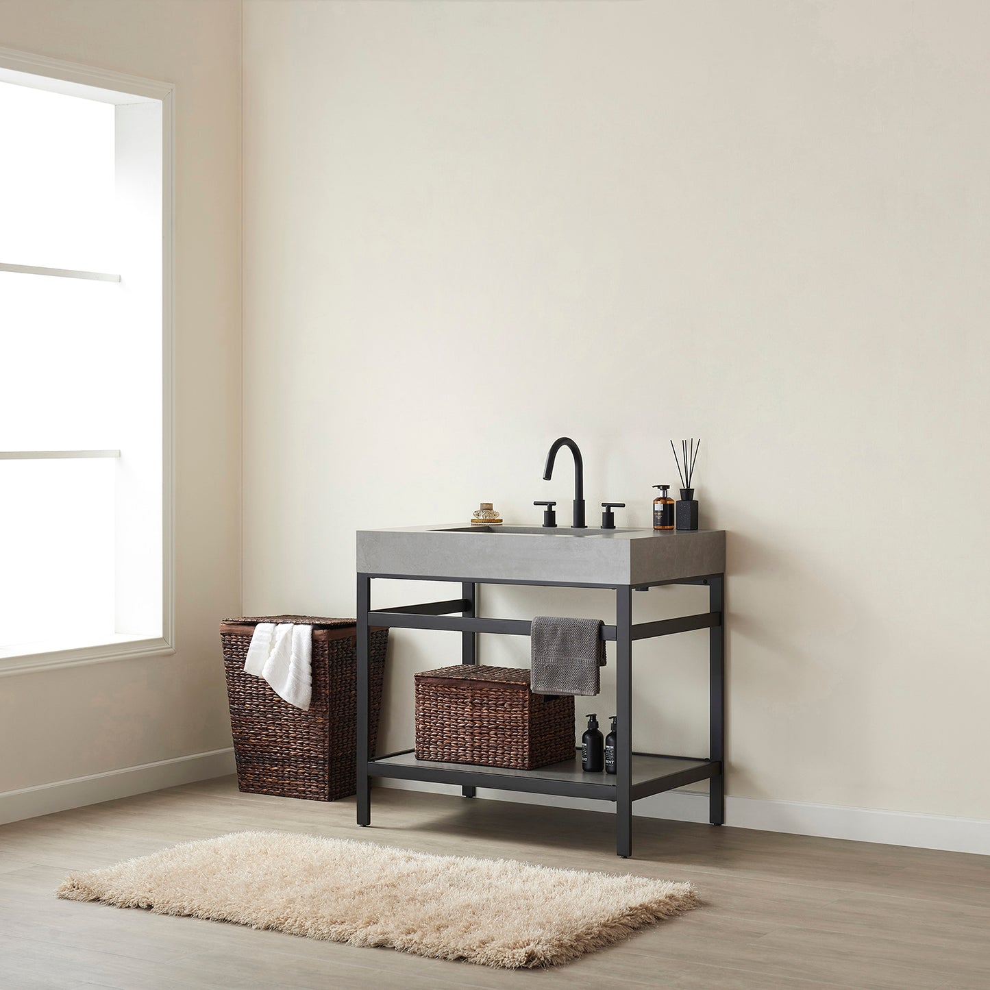 Lleida 36" Single Sink Bath Vanity in Matt Black Metal Support with Grey Sintered Stone Top