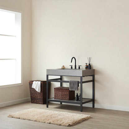 Lleida 36" Single Sink Bath Vanity in Matt Black Metal Support with Grey Sintered Stone Top