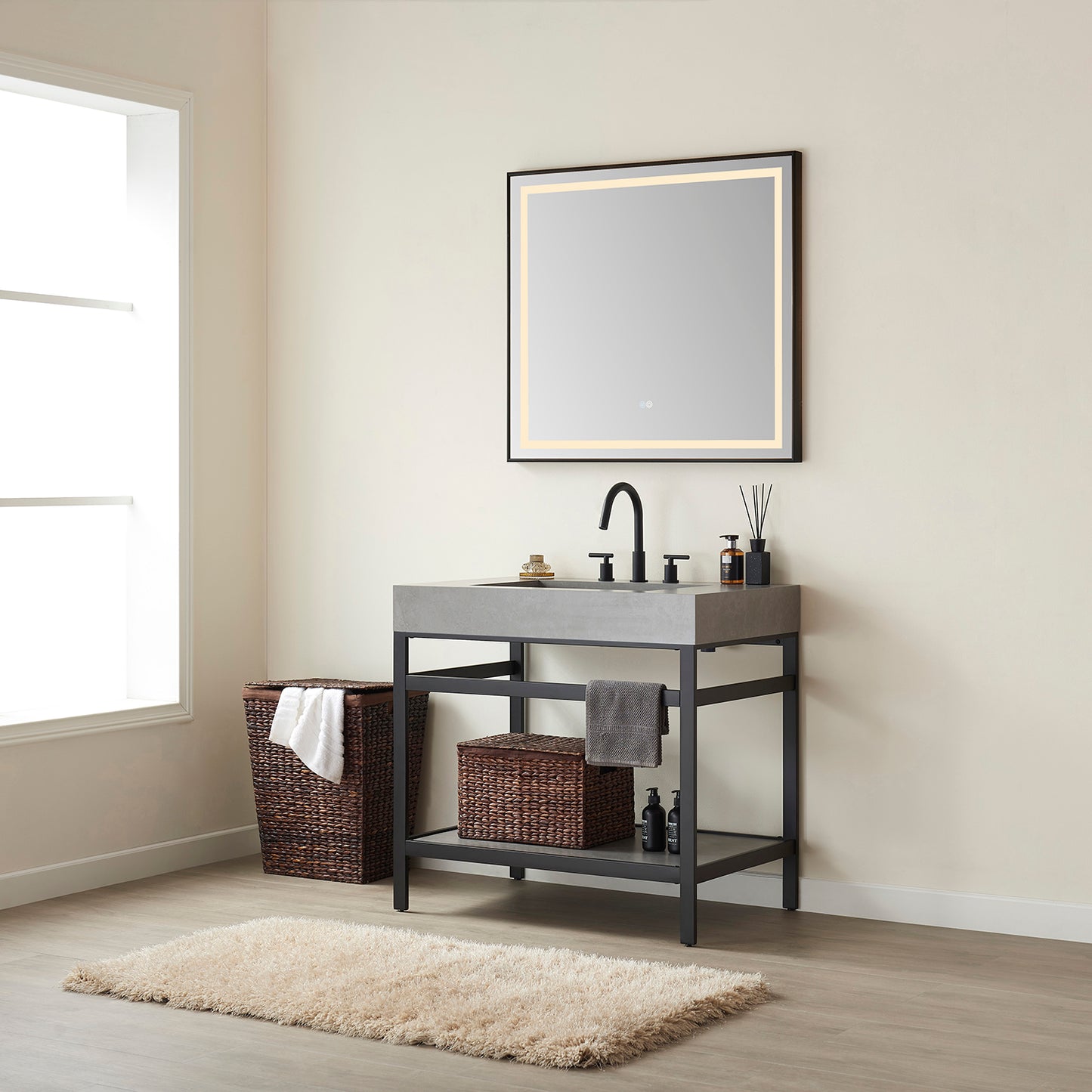 Lleida 36" Single Sink Bath Vanity in Matt Black Metal Support with Grey Sintered Stone Top