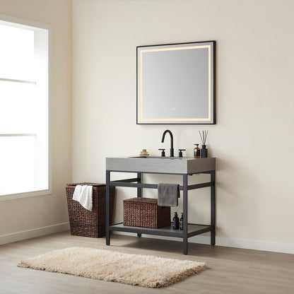 Lleida 36" Single Sink Bath Vanity in Matt Black Metal Support with Grey Sintered Stone Top