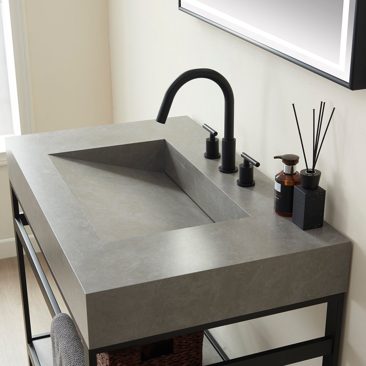 Lleida 36" Single Sink Bath Vanity in Matt Black Metal Support with Grey Sintered Stone Top