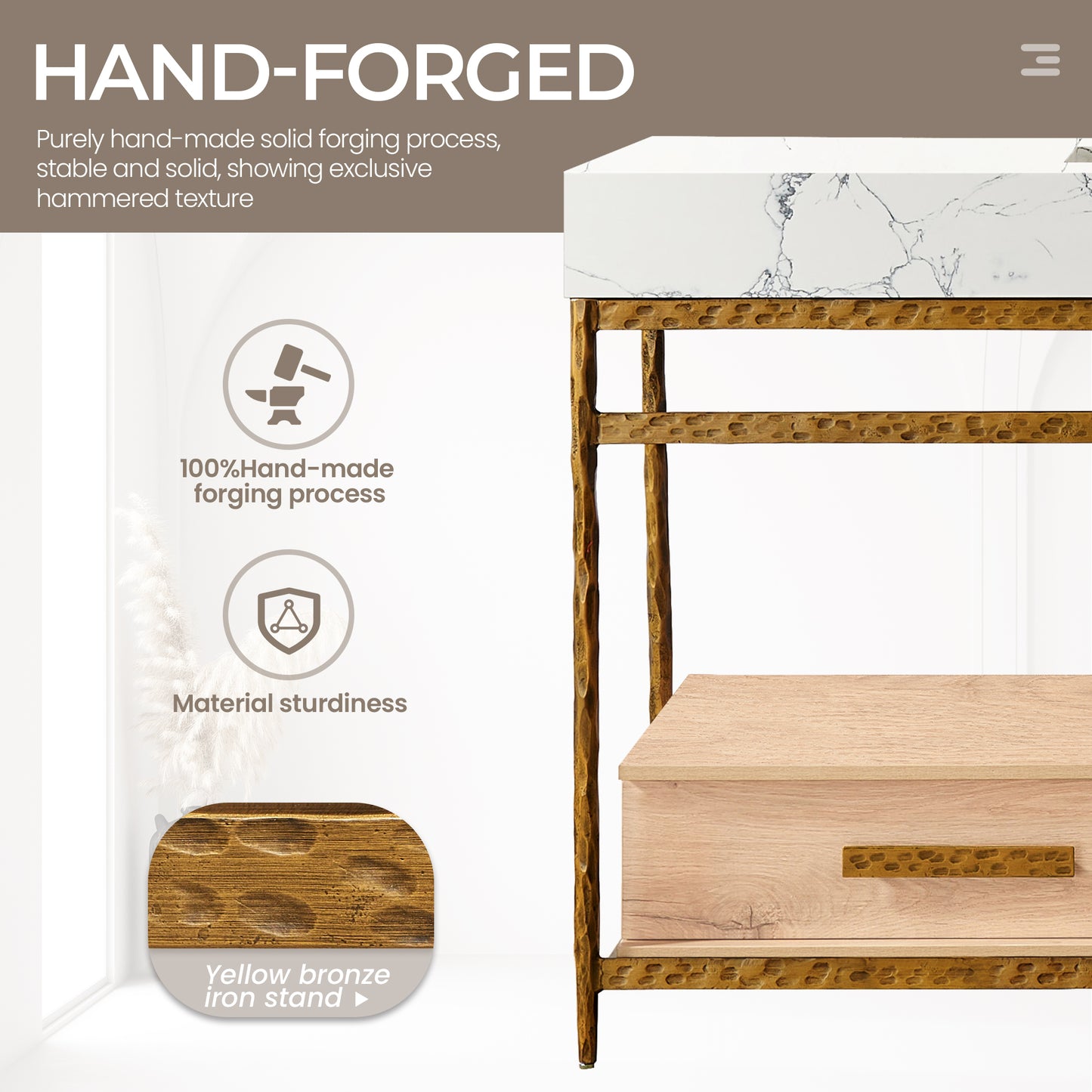 Dhaka 36" Free-standing Single Bath Vanity in Yellow Bronze Metal Support with Pandora White Composite Stone Top