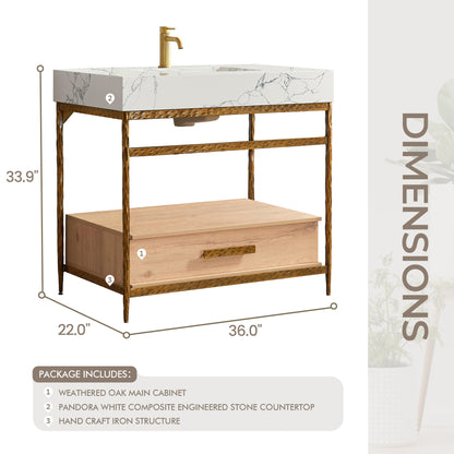 Dhaka 36" Free-standing Single Bath Vanity in Yellow Bronze Metal Support with Pandora White Composite Stone Top