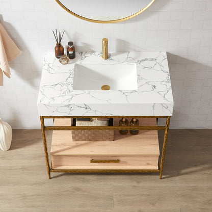 Dhaka 36" Free-standing Single Bath Vanity in Yellow Bronze Metal Support with Pandora White Composite Stone Top