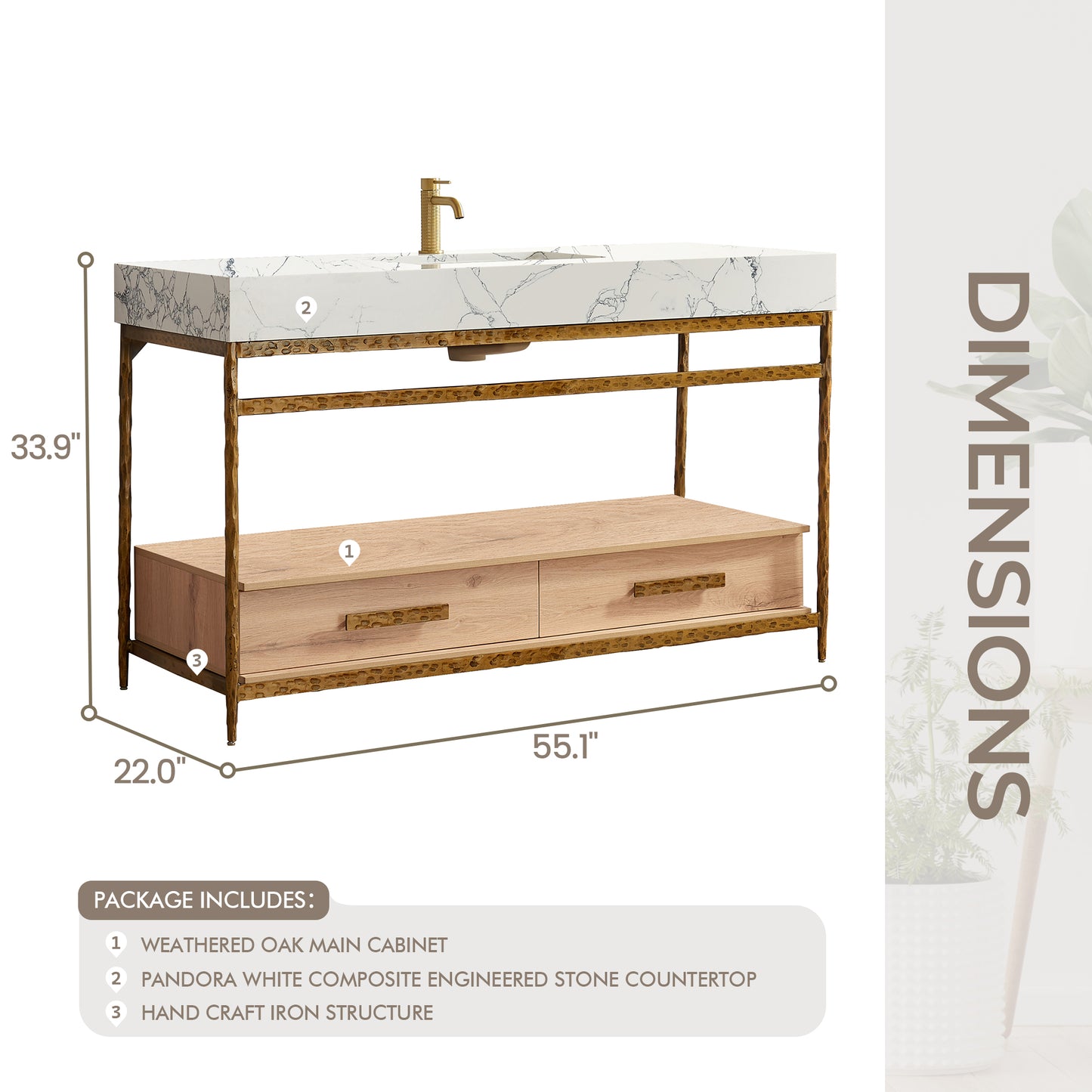 Dhaka 55" Free-standing Single Bath Vanity in Yellow Bronze Metal Support with Pandora White Composite Stone Top