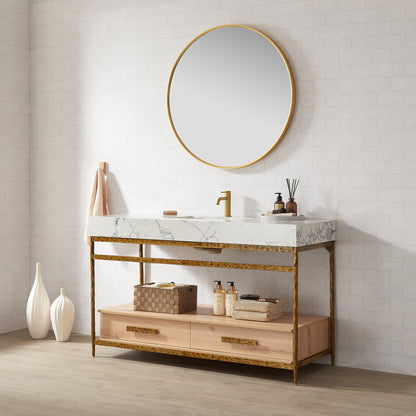 Dhaka 55" Free-standing Single Bath Vanity in Yellow Bronze Metal Support with Pandora White Composite Stone Top