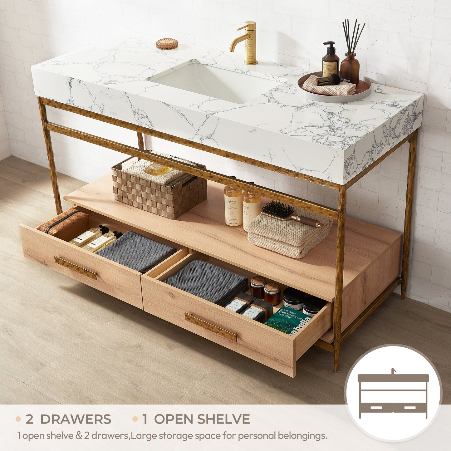 Dhaka 55" Free-standing Single Bath Vanity in Yellow Bronze Metal Support with Pandora White Composite Stone Top