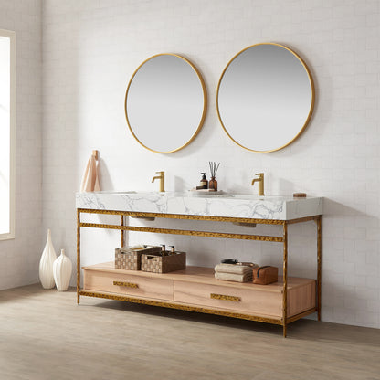 Dhaka 72" Free-standing Single Bath Vanity in Yellow Bronze Metal Support with Pandora White Composite Stone Top