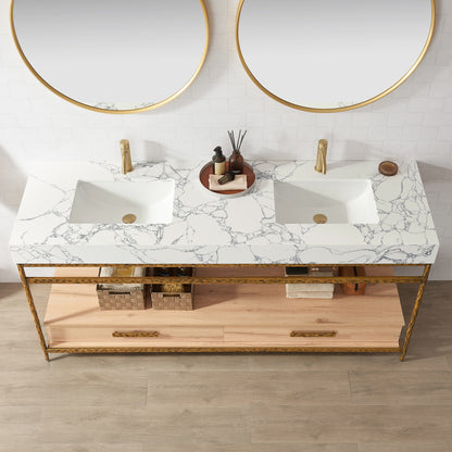 Dhaka 72" Free-standing Single Bath Vanity in Yellow Bronze Metal Support with Pandora White Composite Stone Top