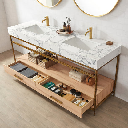 Dhaka 72" Free-standing Single Bath Vanity in Yellow Bronze Metal Support with Pandora White Composite Stone Top