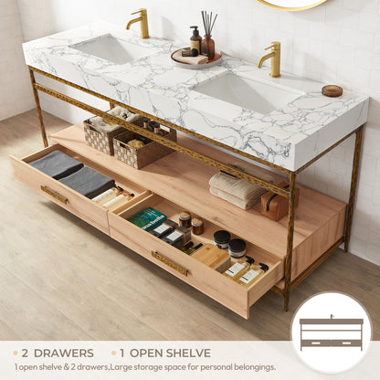 Dhaka 72" Free-standing Single Bath Vanity in Yellow Bronze Metal Support with Pandora White Composite Stone Top