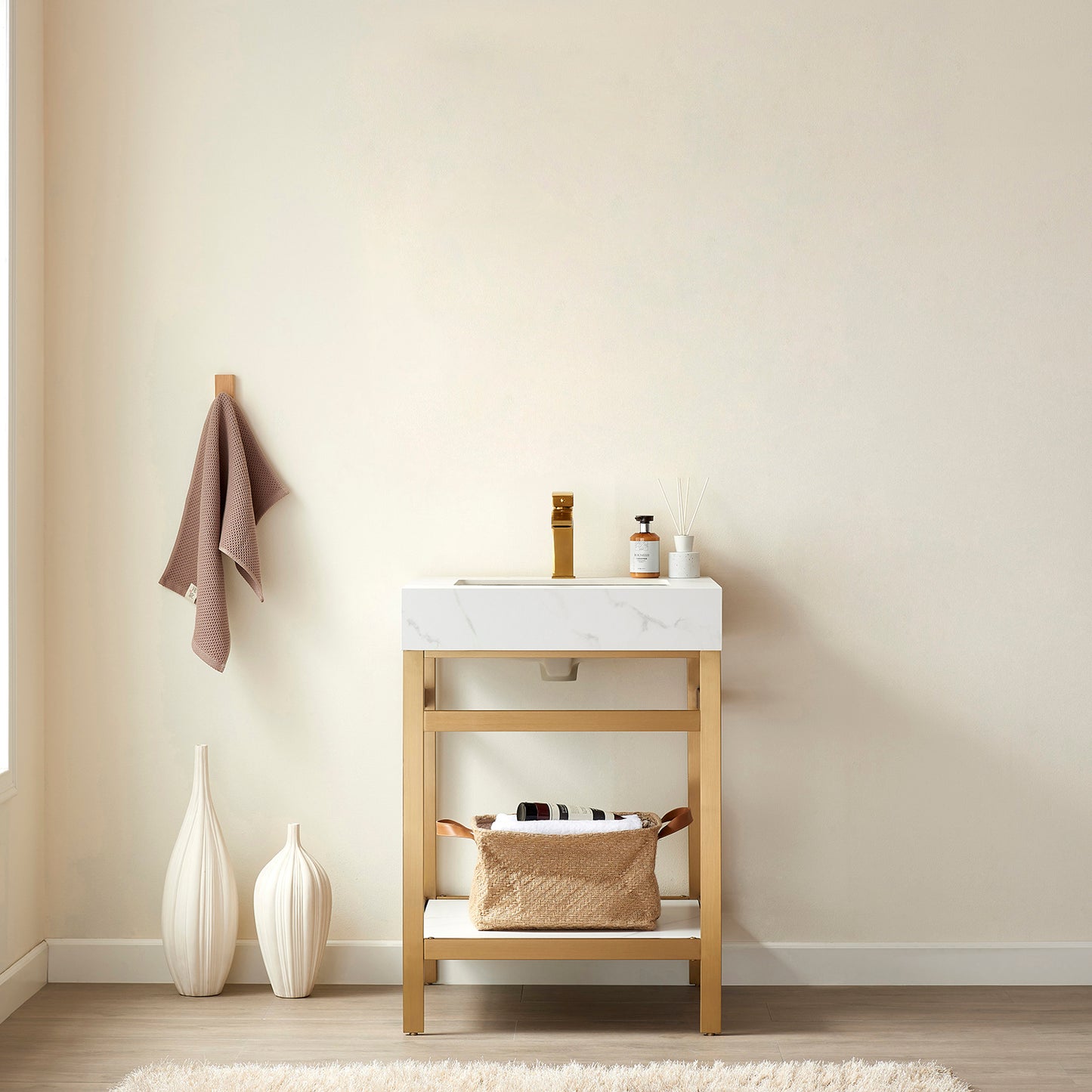 Funes 24" Single Sink Bath Vanity in Brushed Gold Metal Support with White Sintered Stone Top
