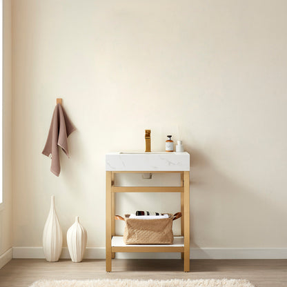 Funes 24" Single Sink Bath Vanity in Brushed Gold Metal Support with White Sintered Stone Top
