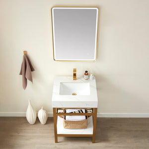 Funes 24" Single Sink Bath Vanity in Brushed Gold Metal Support with White Sintered Stone Top