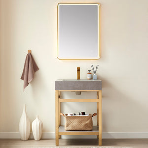 Open image in slideshow, Funes 24&quot; Single Sink Bath Vanity in Brushed Gold Metal Support with Grey Sintered Stone Top

