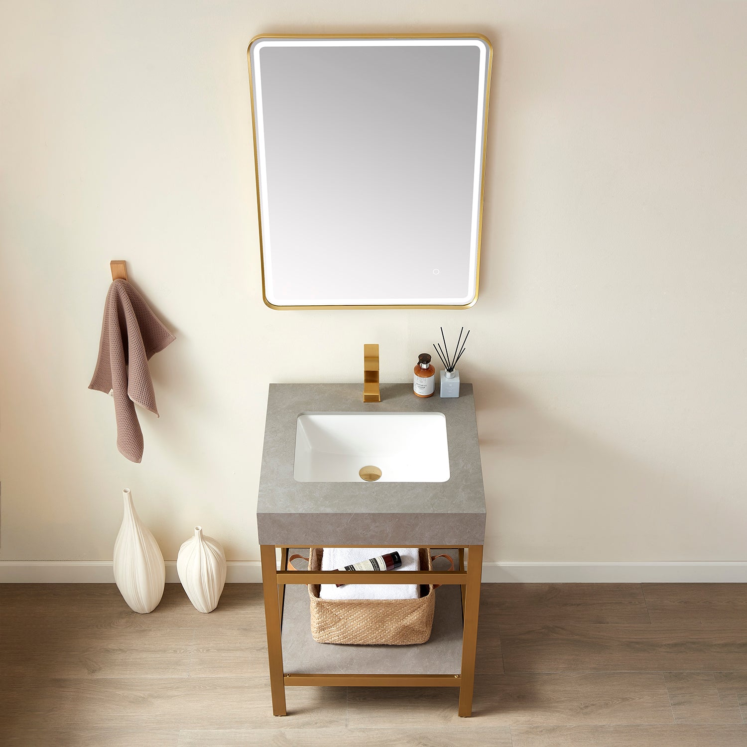 Funes 24" Single Sink Bath Vanity in Brushed Gold Metal Support with Grey Sintered Stone Top