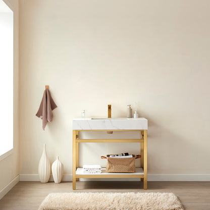 Funes 36" Single Sink Bath Vanity in Brushed Gold Metal Support with White Sintered Stone Top