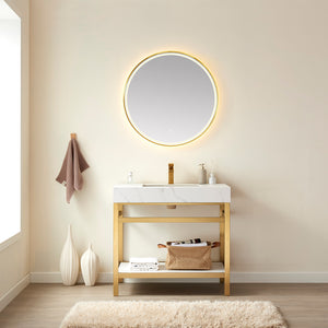 Open image in slideshow, Funes 36&quot; Single Sink Bath Vanity in Brushed Gold Metal Support with White Sintered Stone Top
