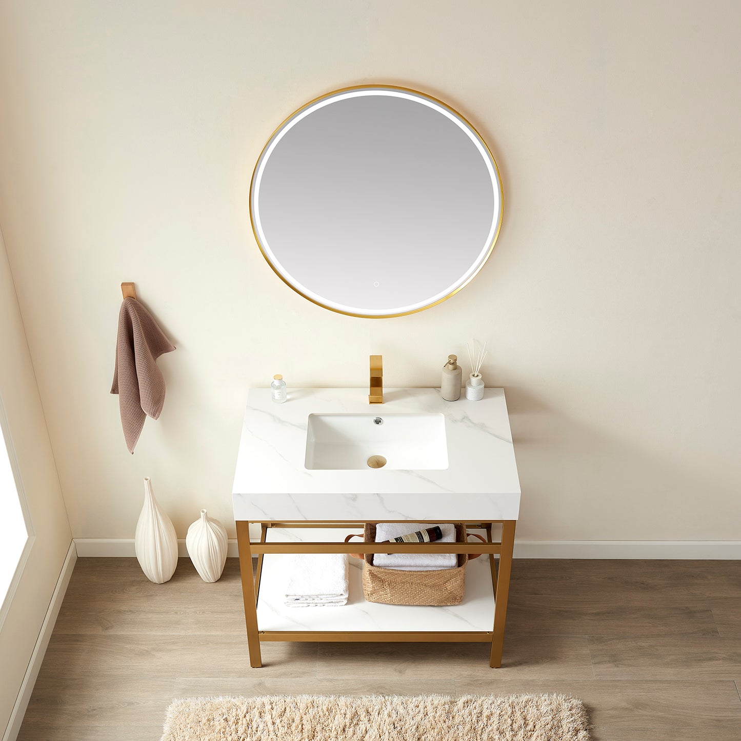 Funes 36" Single Sink Bath Vanity in Brushed Gold Metal Support with White Sintered Stone Top