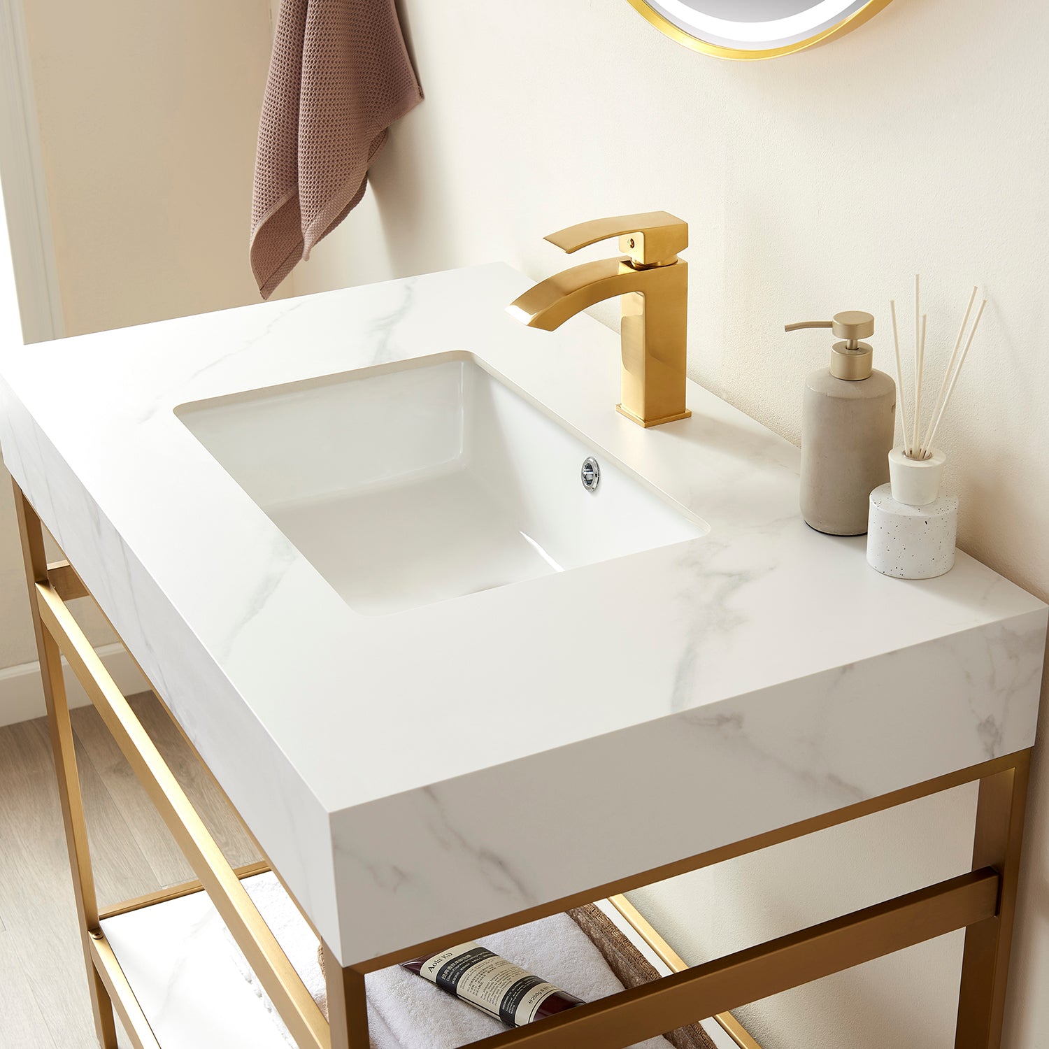 Funes 36" Single Sink Bath Vanity in Brushed Gold Metal Support with White Sintered Stone Top