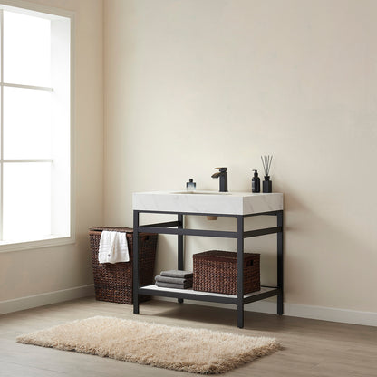 Funes 36" Single Sink Bath Vanity in Matte Black Metal Support with White Sintered Stone Top