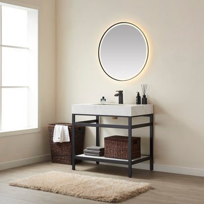 Funes 36" Single Sink Bath Vanity in Matte Black Metal Support with White Sintered Stone Top