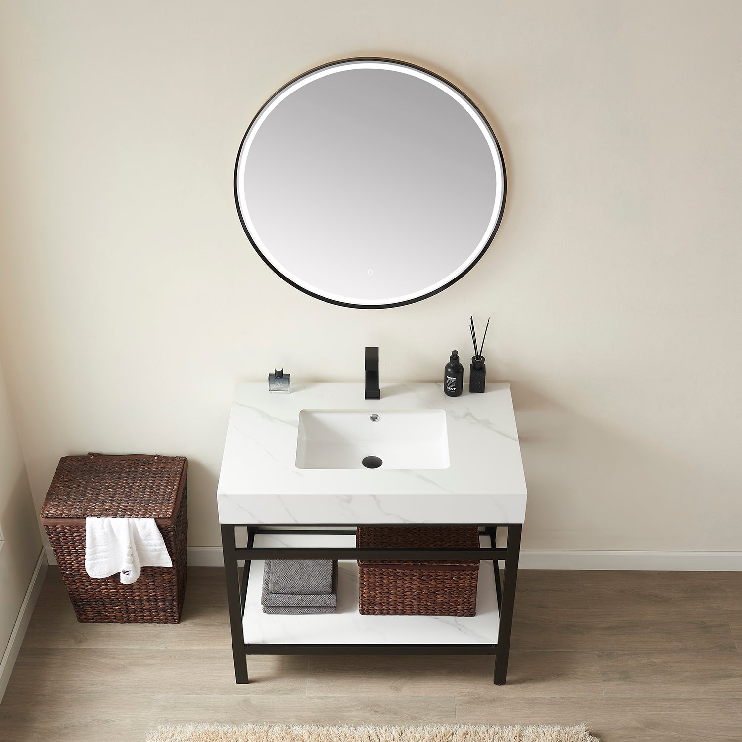 Funes 36" Single Sink Bath Vanity in Matte Black Metal Support with White Sintered Stone Top