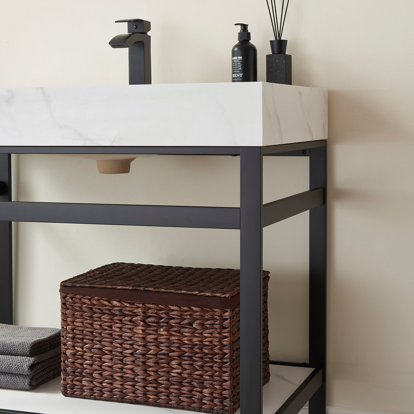 Funes 36" Single Sink Bath Vanity in Matte Black Metal Support with White Sintered Stone Top