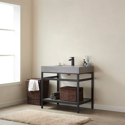 Funes 36" Single Sink Bath Vanity in Matte Black Metal Support with Grey Sintered Stone Top