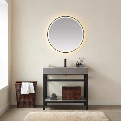 Funes 36" Single Sink Bath Vanity in Matte Black Metal Support with Grey Sintered Stone Top