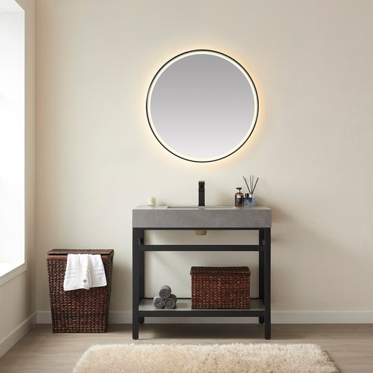 Funes 36" Single Sink Bath Vanity in Matte Black Metal Support with Grey Sintered Stone Top