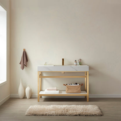 Funes 48" Single Sink Bath Vanity in Brushed Gold Metal Support with White Sintered Stone Top