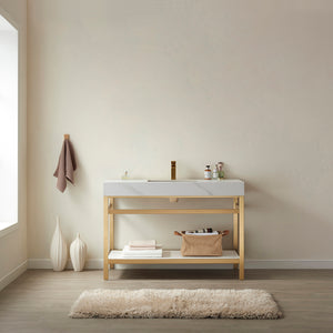 Open image in slideshow, Funes 48&quot; Single Sink Bath Vanity in Brushed Gold Metal Support with White Sintered Stone Top

