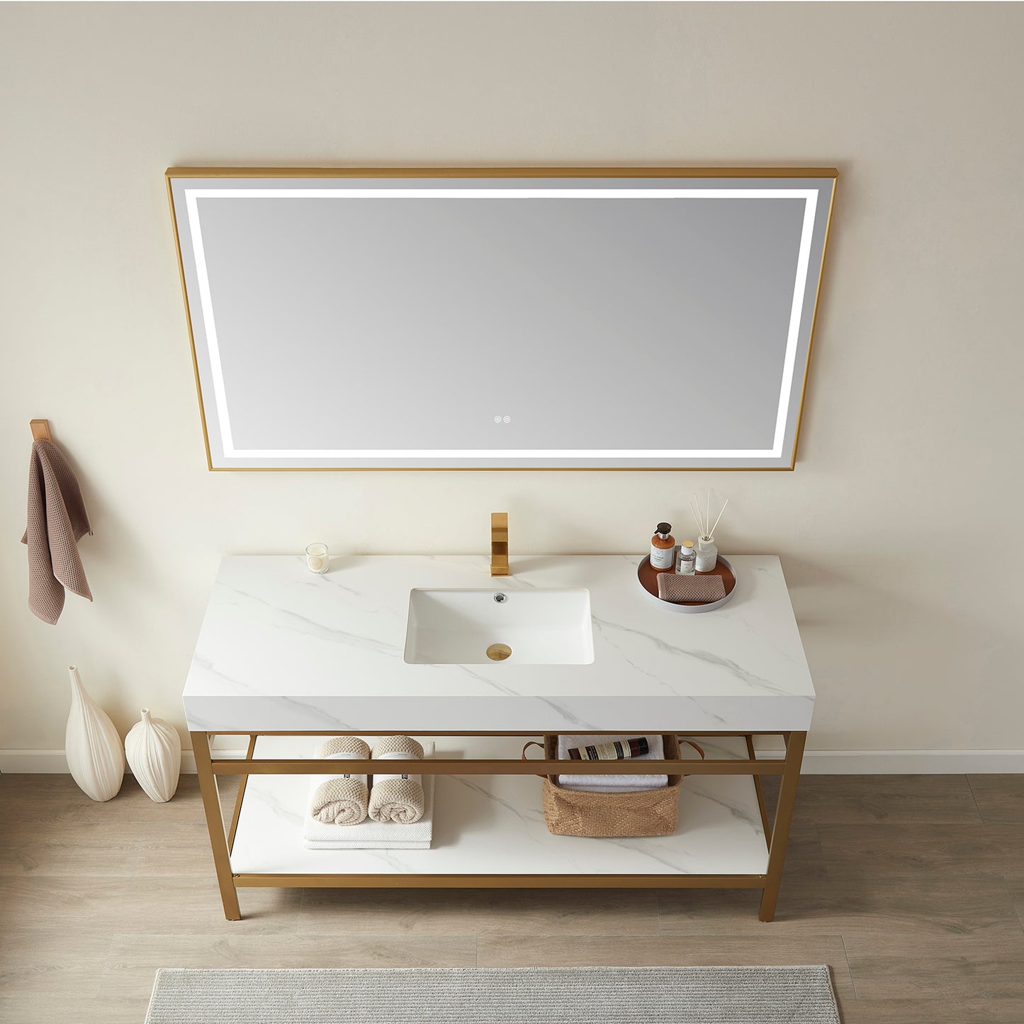 Funes 48" Single Sink Bath Vanity in Brushed Gold Metal Support with White Sintered Stone Top