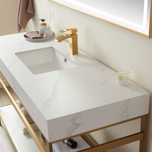 Funes 48" Single Sink Bath Vanity in Brushed Gold Metal Support with White Sintered Stone Top