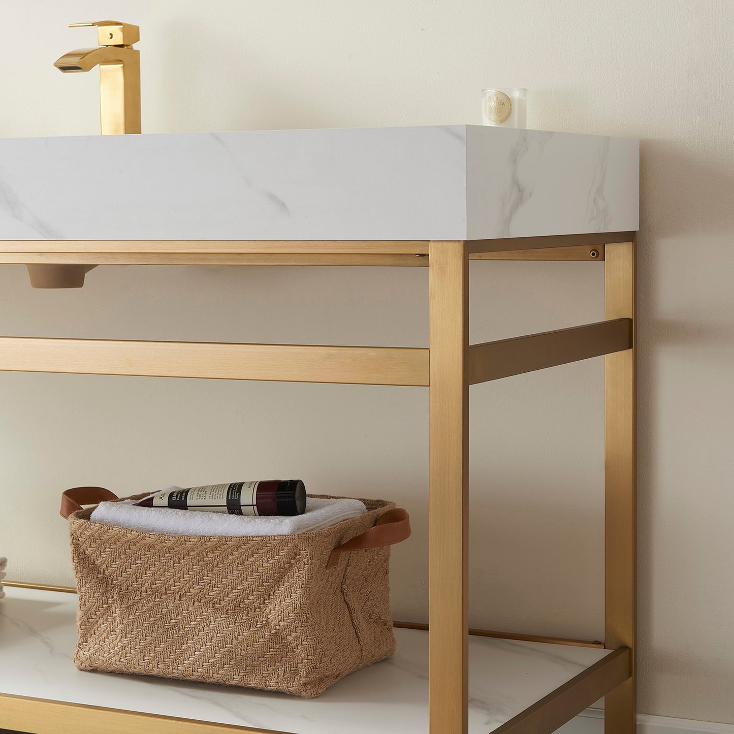 Funes 48" Single Sink Bath Vanity in Brushed Gold Metal Support with White Sintered Stone Top
