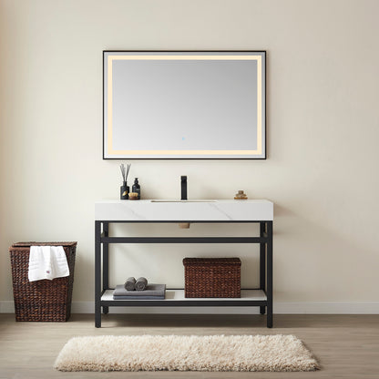 Funes 48" Single Sink Bath Vanity in Matte Black Metal Support with White Sintered Stone Top