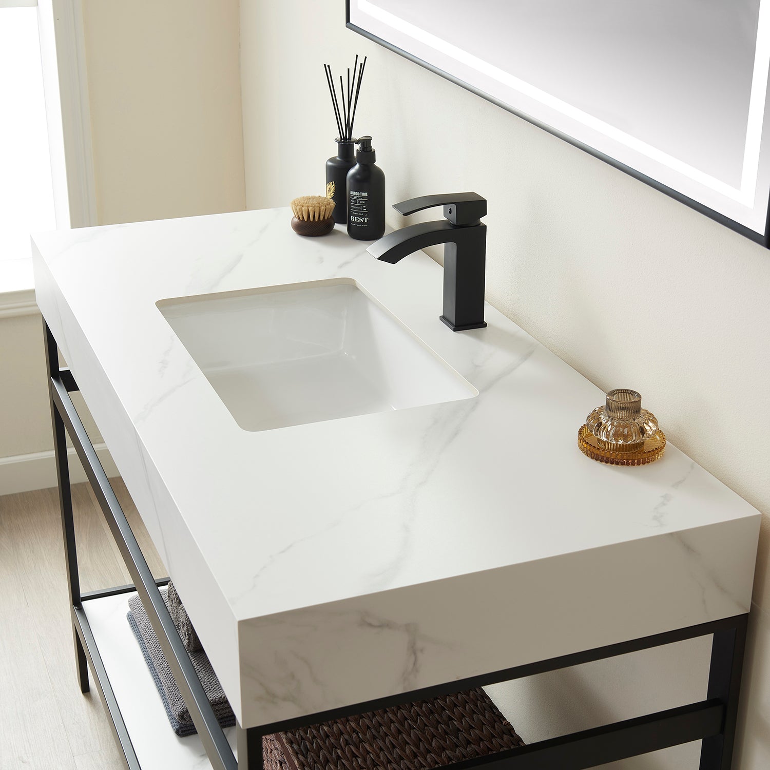 Funes 48" Single Sink Bath Vanity in Matte Black Metal Support with White Sintered Stone Top
