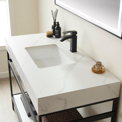 Funes 48" Single Sink Bath Vanity in Matte Black Metal Support with White Sintered Stone Top