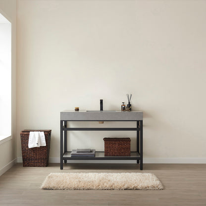 Funes 48" Single Sink Bath Vanity in Matte Black Metal Support with Grey Sintered Stone Top