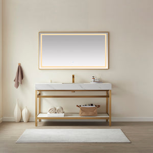 Open image in slideshow, Funes 60&quot; Single Sink Bath Vanity in Brushed Gold Metal Support with White Sintered Stone Top
