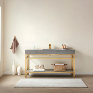 Funes 60" Single Sink Bath Vanity in Brushed Gold Metal Support with Grey Sintered Stone Top
