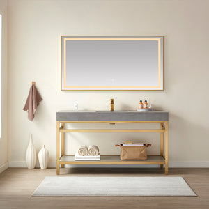 Open image in slideshow, Funes 60&quot; Single Sink Bath Vanity in Brushed Gold Metal Support with Grey Sintered Stone Top
