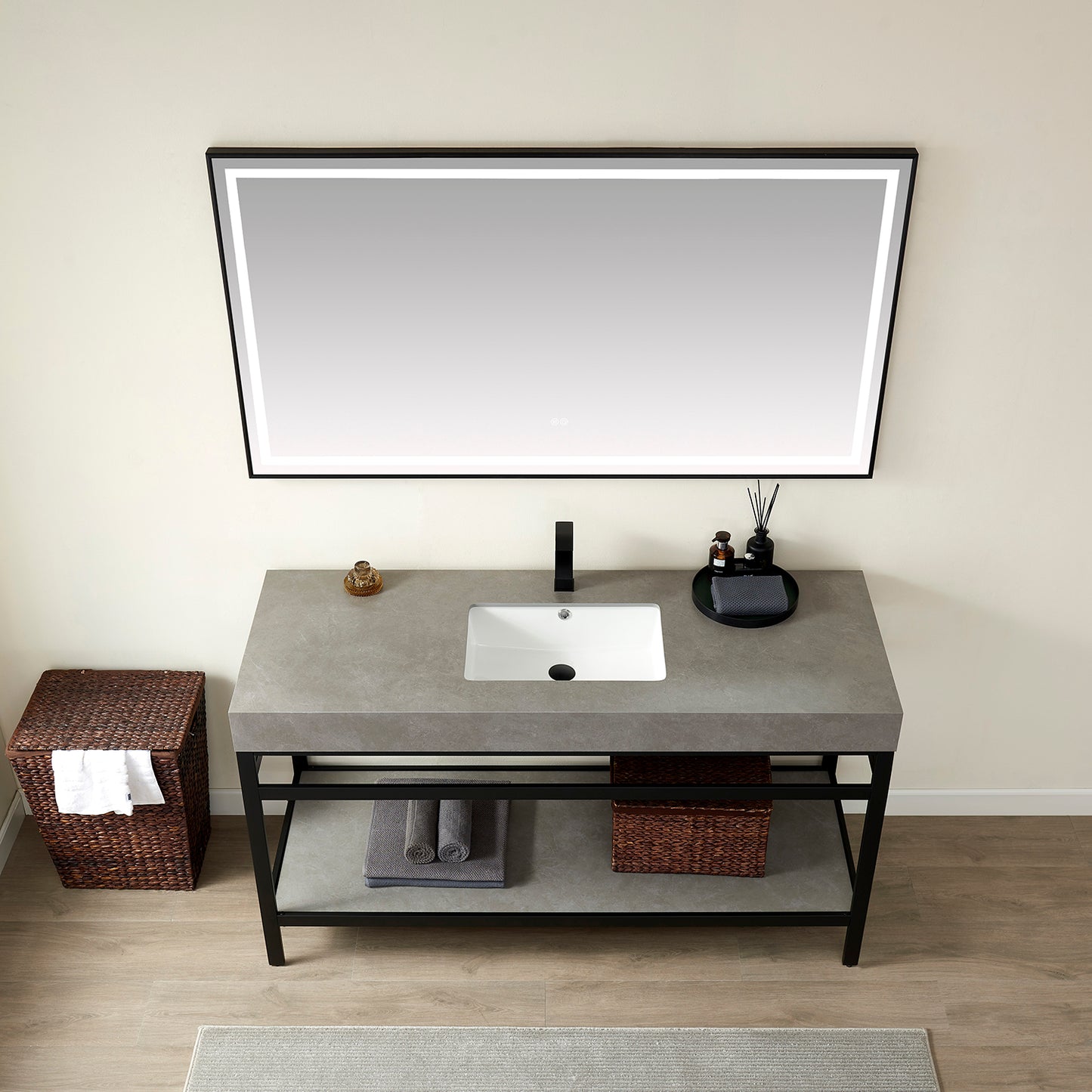 Funes 60" Single Sink Bath Vanity in Matte Black Metal Support with Grey Sintered Stone Top