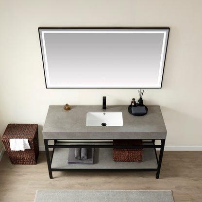 Funes 60" Single Sink Bath Vanity in Matte Black Metal Support with Grey Sintered Stone Top