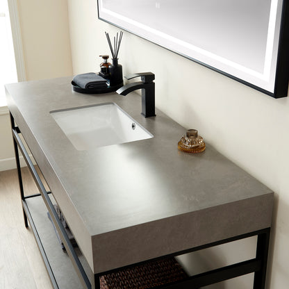 Funes 60" Single Sink Bath Vanity in Matte Black Metal Support with Grey Sintered Stone Top